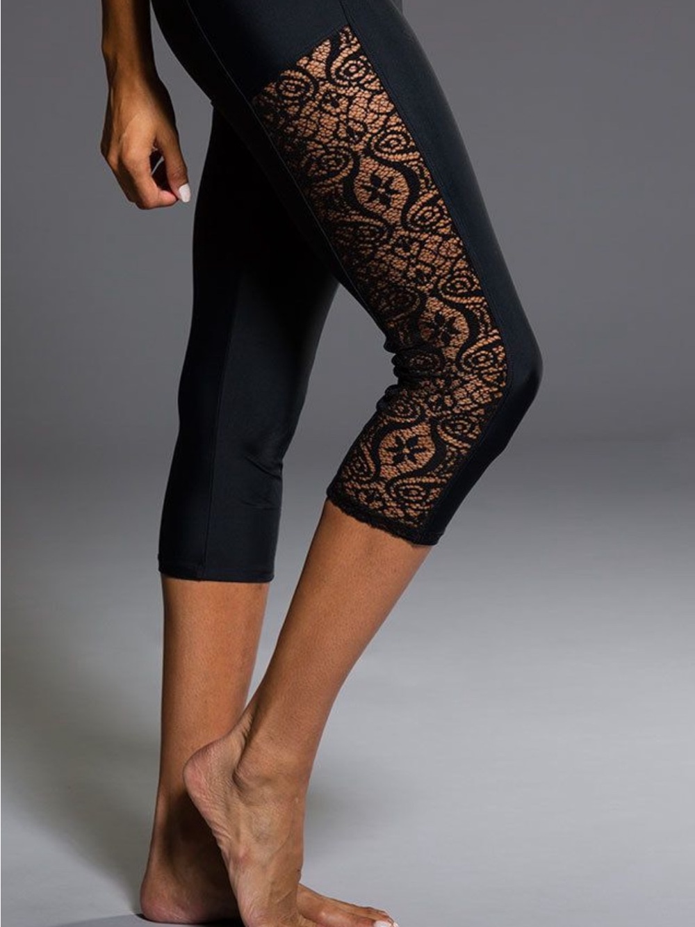 Onzie Black Capri Leggings with Lace Side Panel